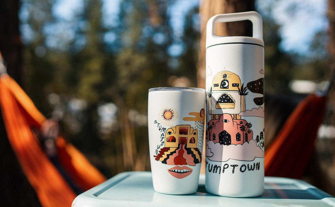 Stumptown vessels sitting on a cooler lid