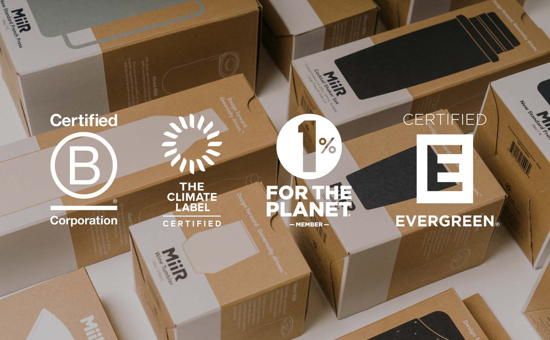A listing of certifications over a photograph of product packaging.