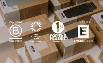 A listing of certifications over a photograph of product packaging.